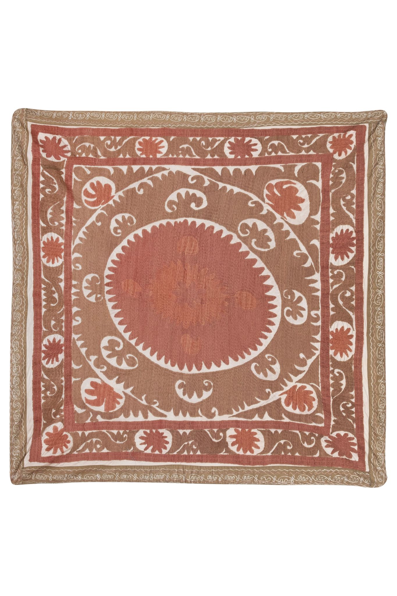 Suzani Bedspread - Neutral Red Colorful Uzbek Table Cloth - Tribal Embroidery Wall Decor