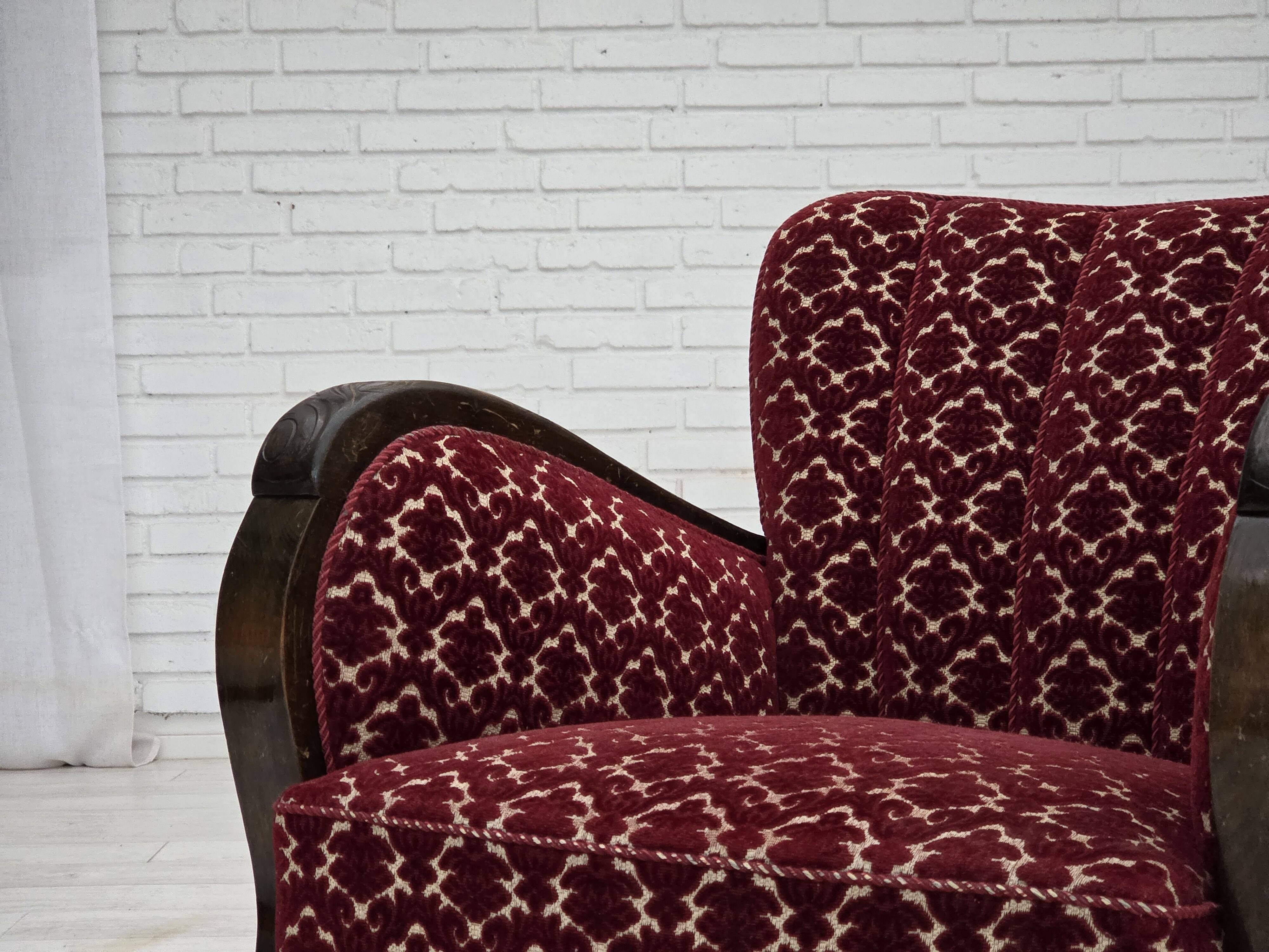 1960s, Danish armchair, cherry-red furniture velour, oak wood.