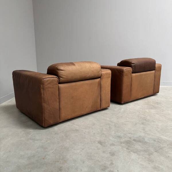 Ensemble de fauteuils en cuir marron vintage, années 1970.