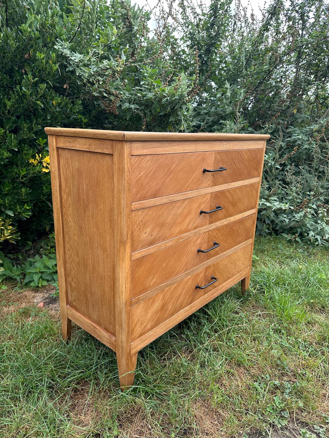 Vintage Scandinavian wooden chest of drawers with herringbone pattern - 4 drawers