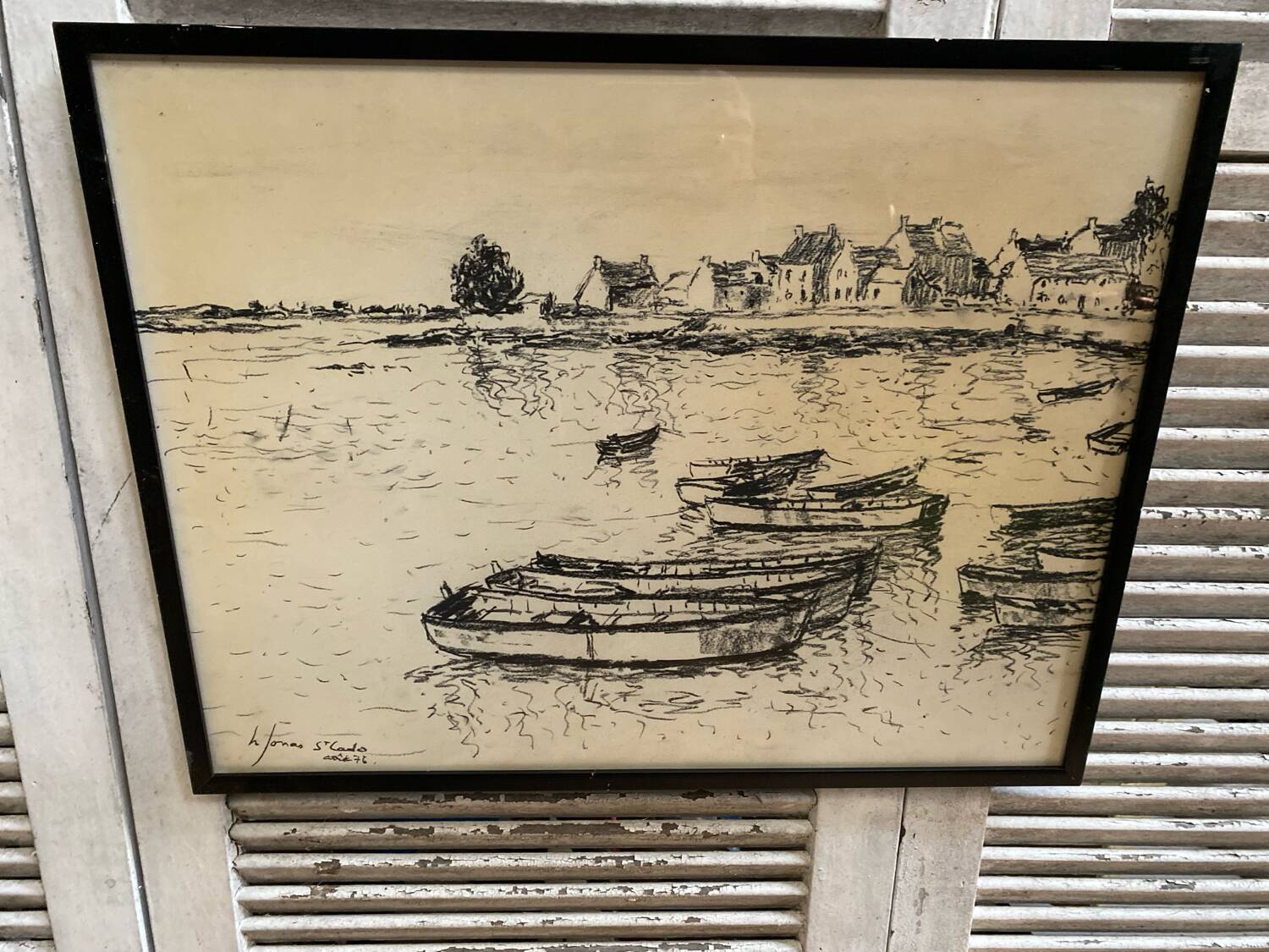 Old charcoal lithograph h. jonas st carlo august 76 + black wood frame