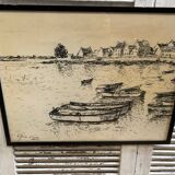 Ancienne lithographie fusain h. jonas st carlo août 76 + cadre bois noir