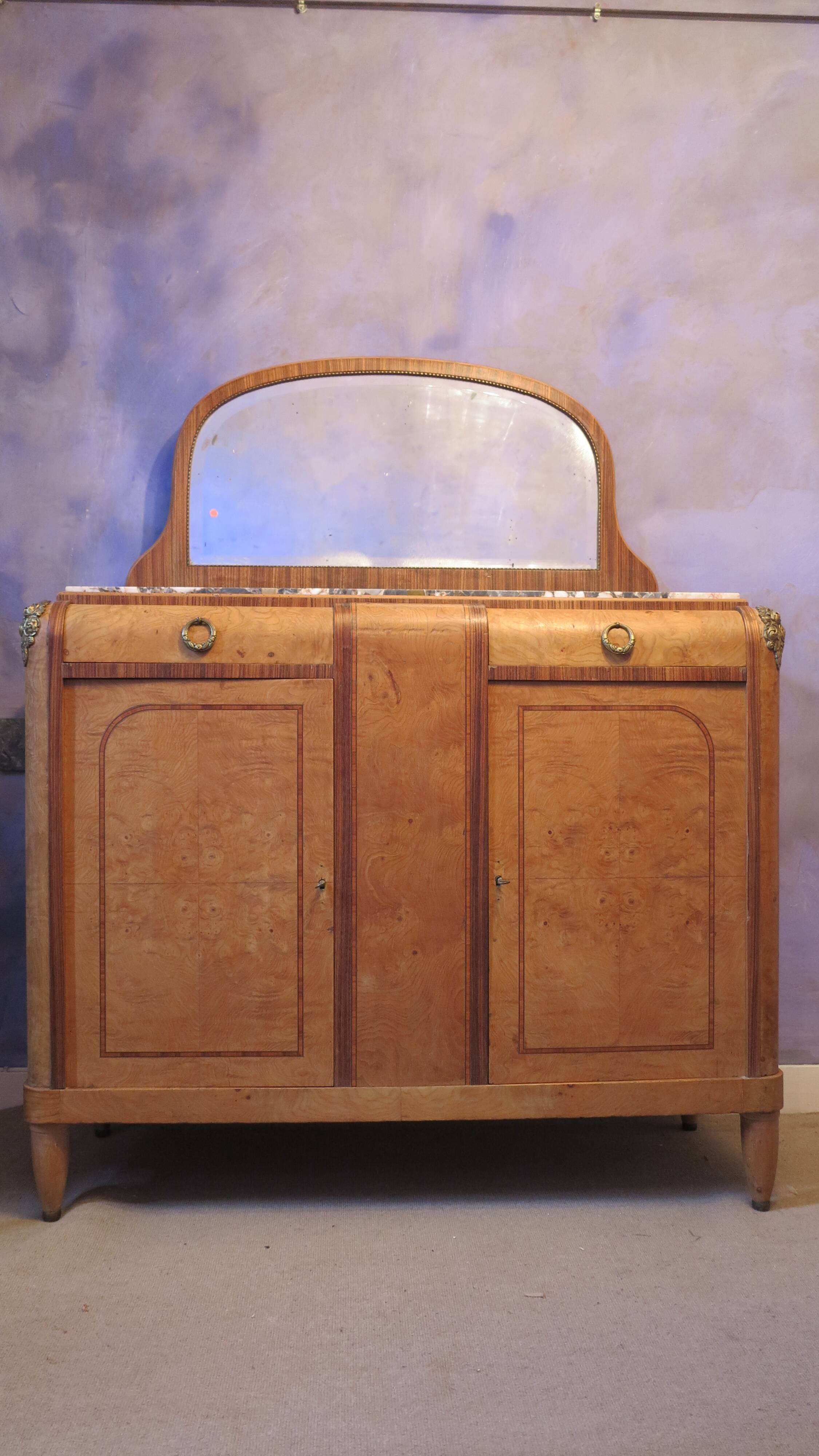 1925 sideboard with two doors, two drawers and beveled mirror, marble top