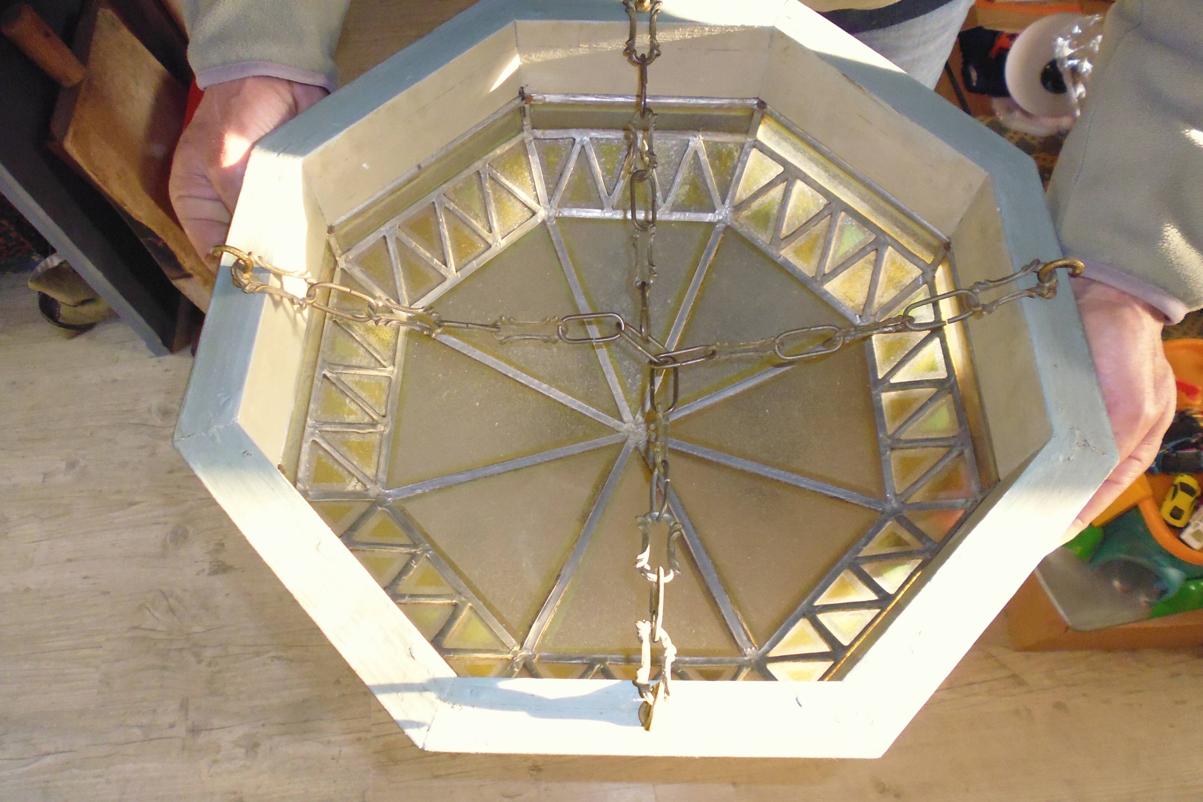 Large octagonal ceiling art deco wood and 1940s bubbled glass