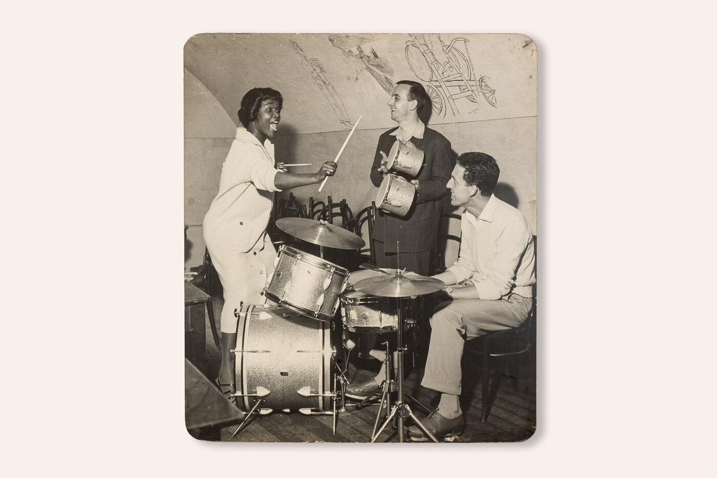 Jazz Band, 1940s b/w images on heavy wooden panels, 85 x 99 cm
