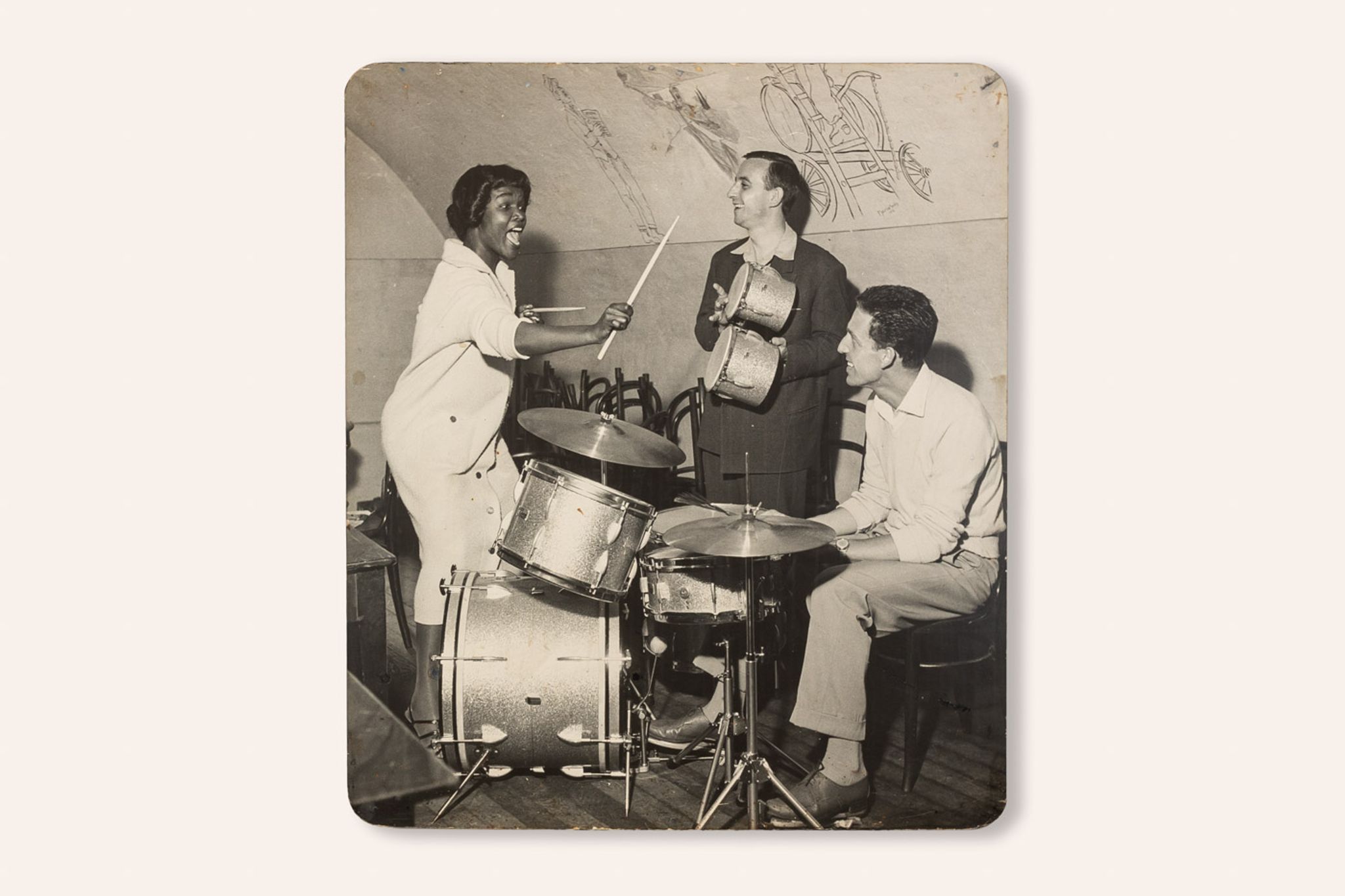 Jazz Band, 1940s b/w images on heavy wooden panels, 85 x 99 cm