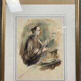 Watercolor drawing representing a judge during a trial dated 1988