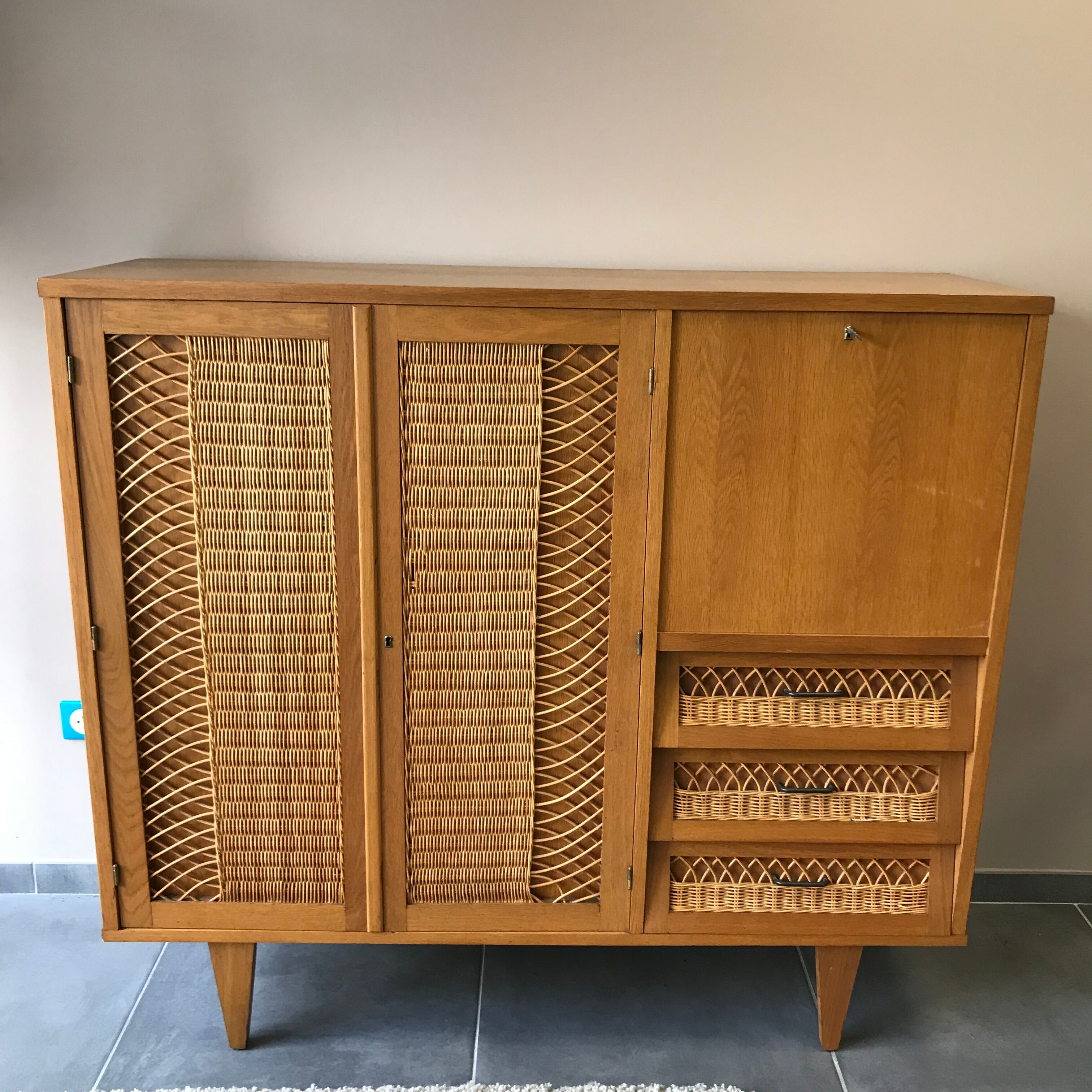 Furniture with wooden secretary and rattan