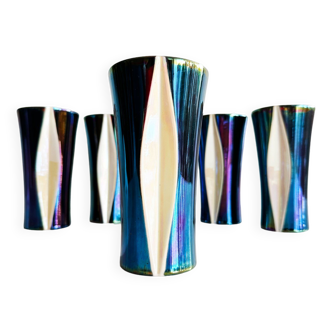 Set of six mazagrans mugs in two-tone ceramic, metallic varnish. France, 1970s
