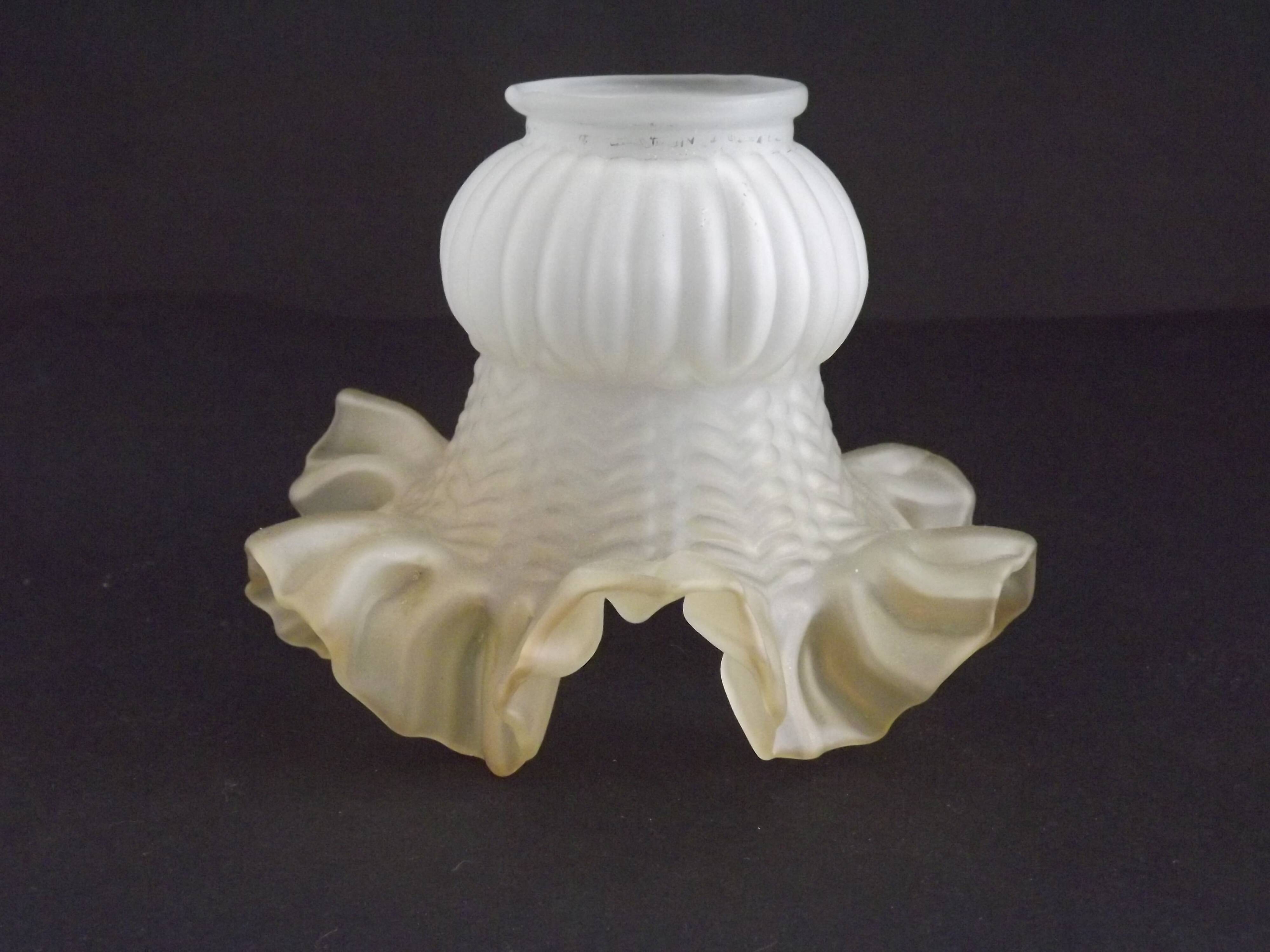 Vintage French Opaque White Glass Replacement Shade with Frilled Amber Edge