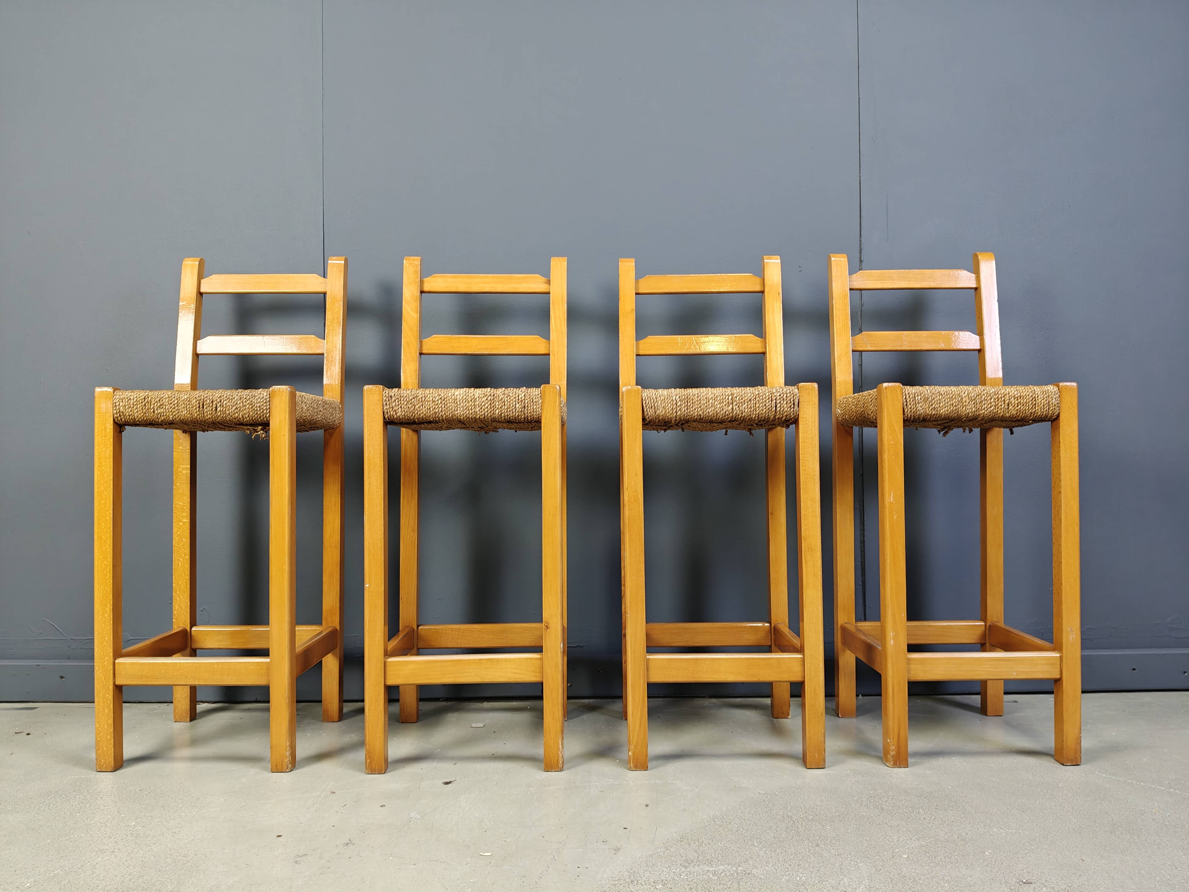 Vintage oak and papercord bar stools, 1960s