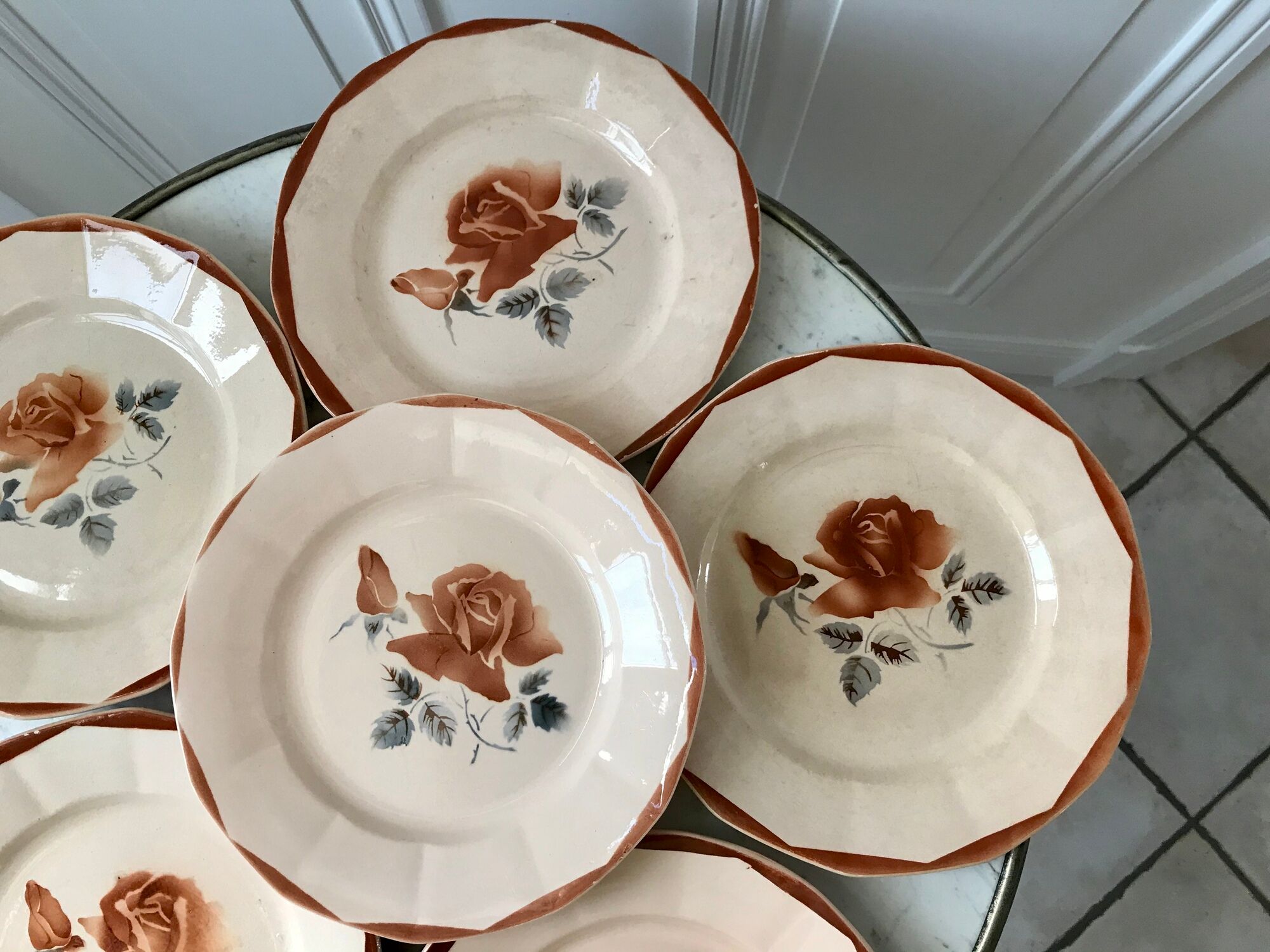 Set of 6 flat plates Digoin Sarreguemines pink flowers years 30-40