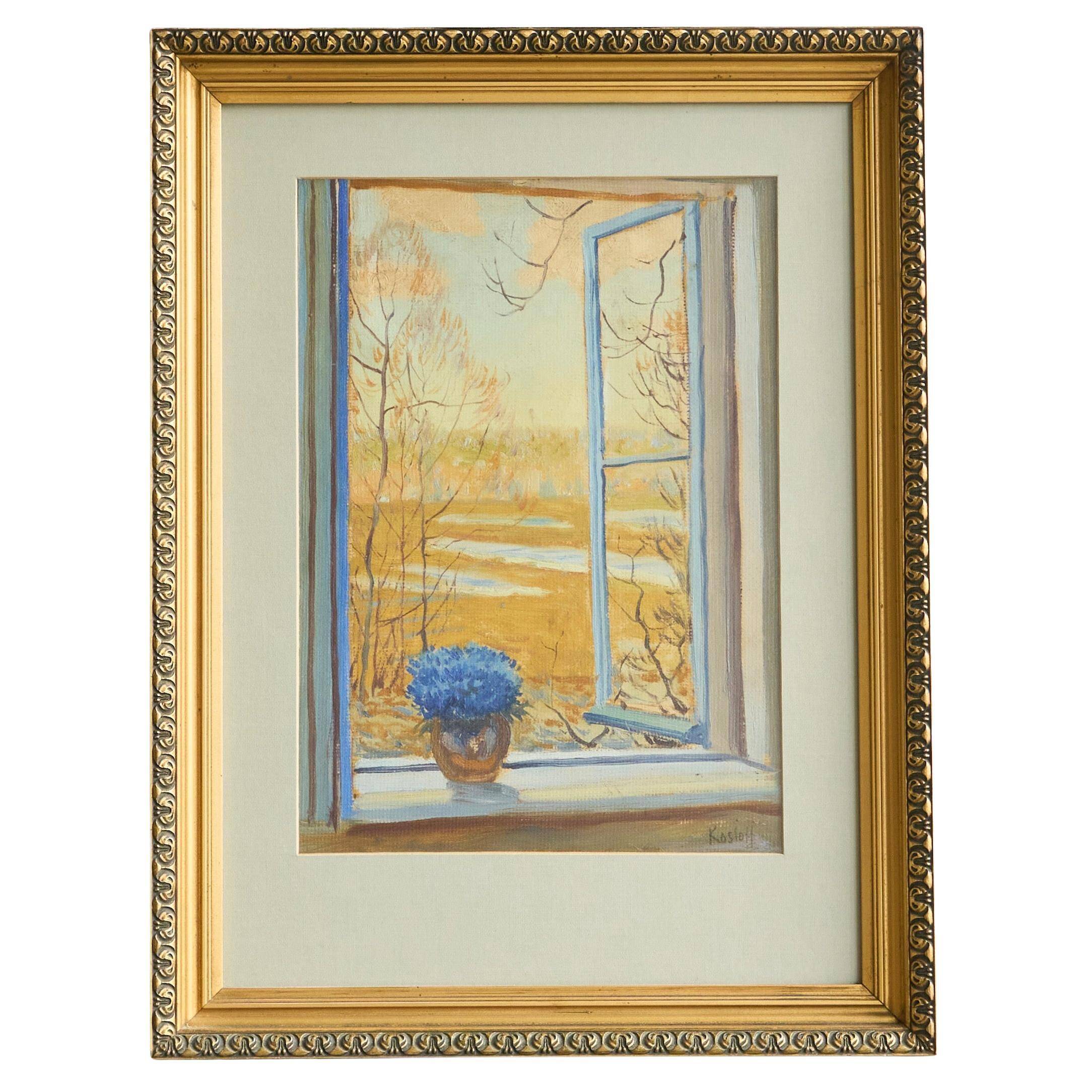 Painting of an open window with flowers, Belgium early 20th century.