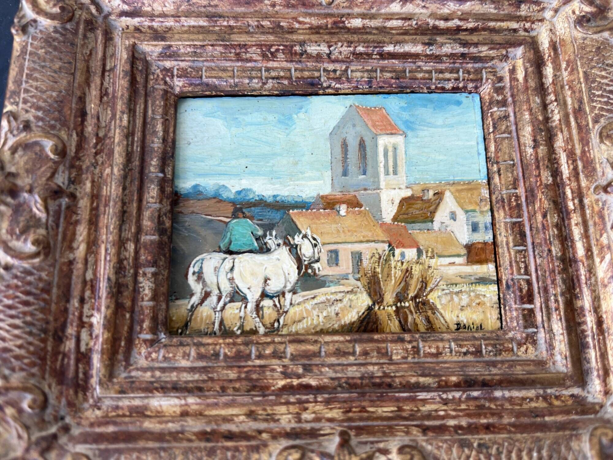 Small old painting signed Daniel Rouvière – Village scene with horses