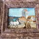 Small old painting signed Daniel Rouvière – Village scene with horses