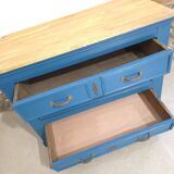 Commode ancienne bleue et dessus chêne