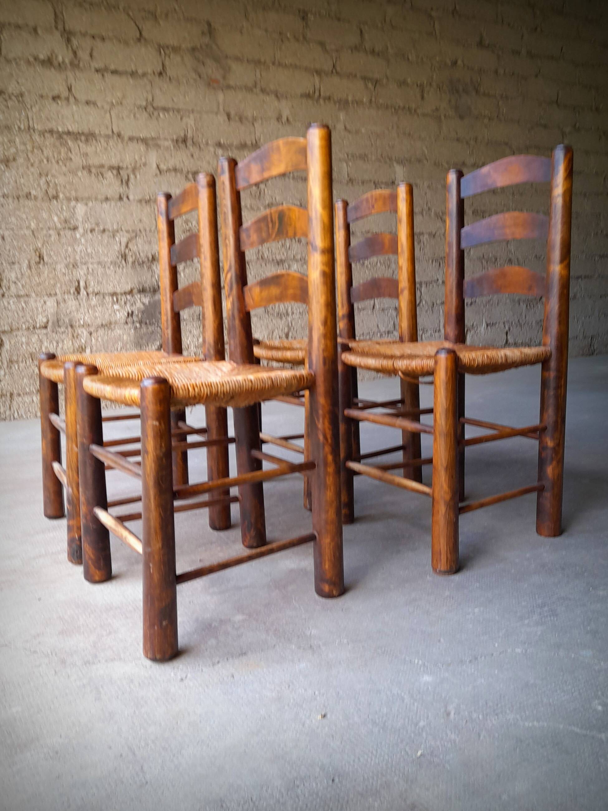 Set of 4 straw-covered brutalist chairs by George Robert