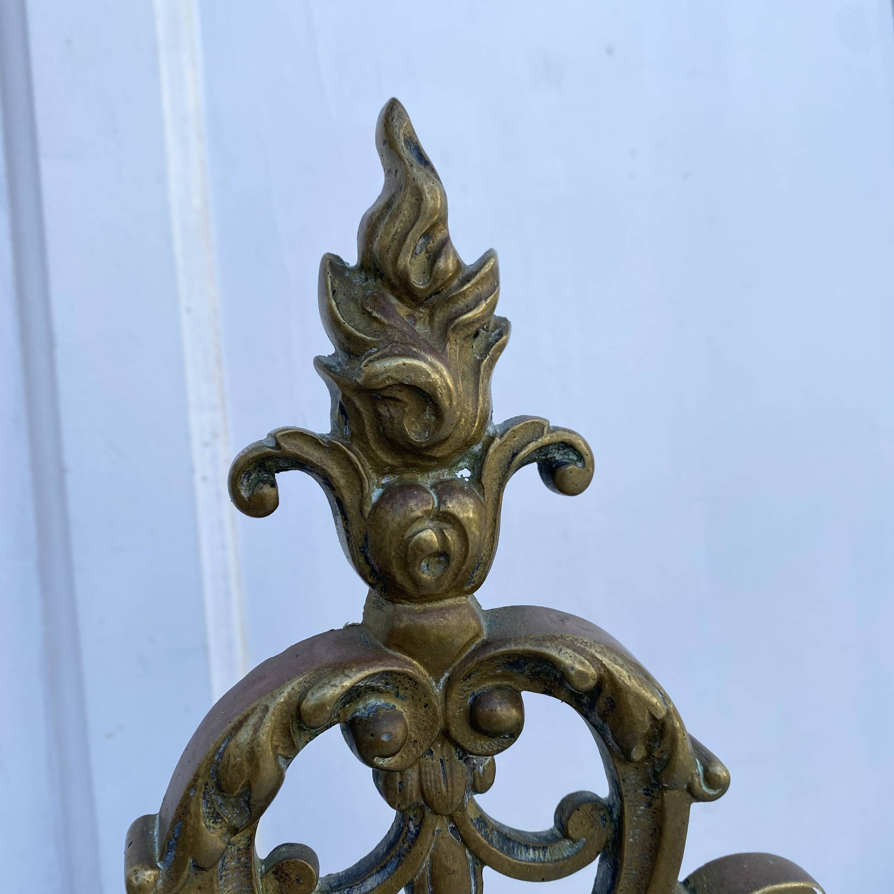 Antique brass fireplace set, bar and andirons, Napoleon I style.