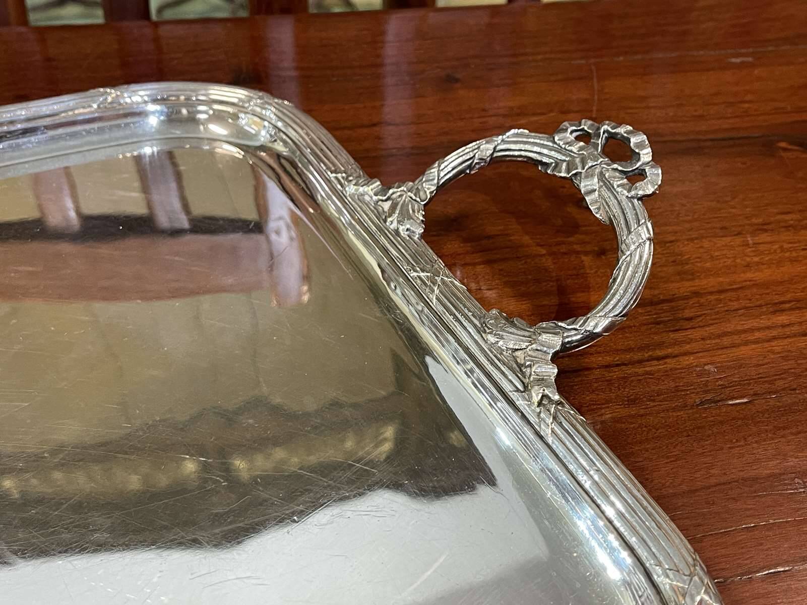 Rectangular tray with LOUIS XVI style handles in silver-plated metal, work from the 1950s