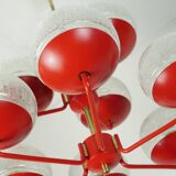 1960s chandelier, red metal and brass, 9 crackle glass shades