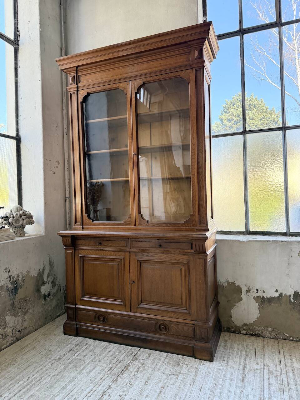 Antique XL Napoleonic oak glass bookcase, 19th century
