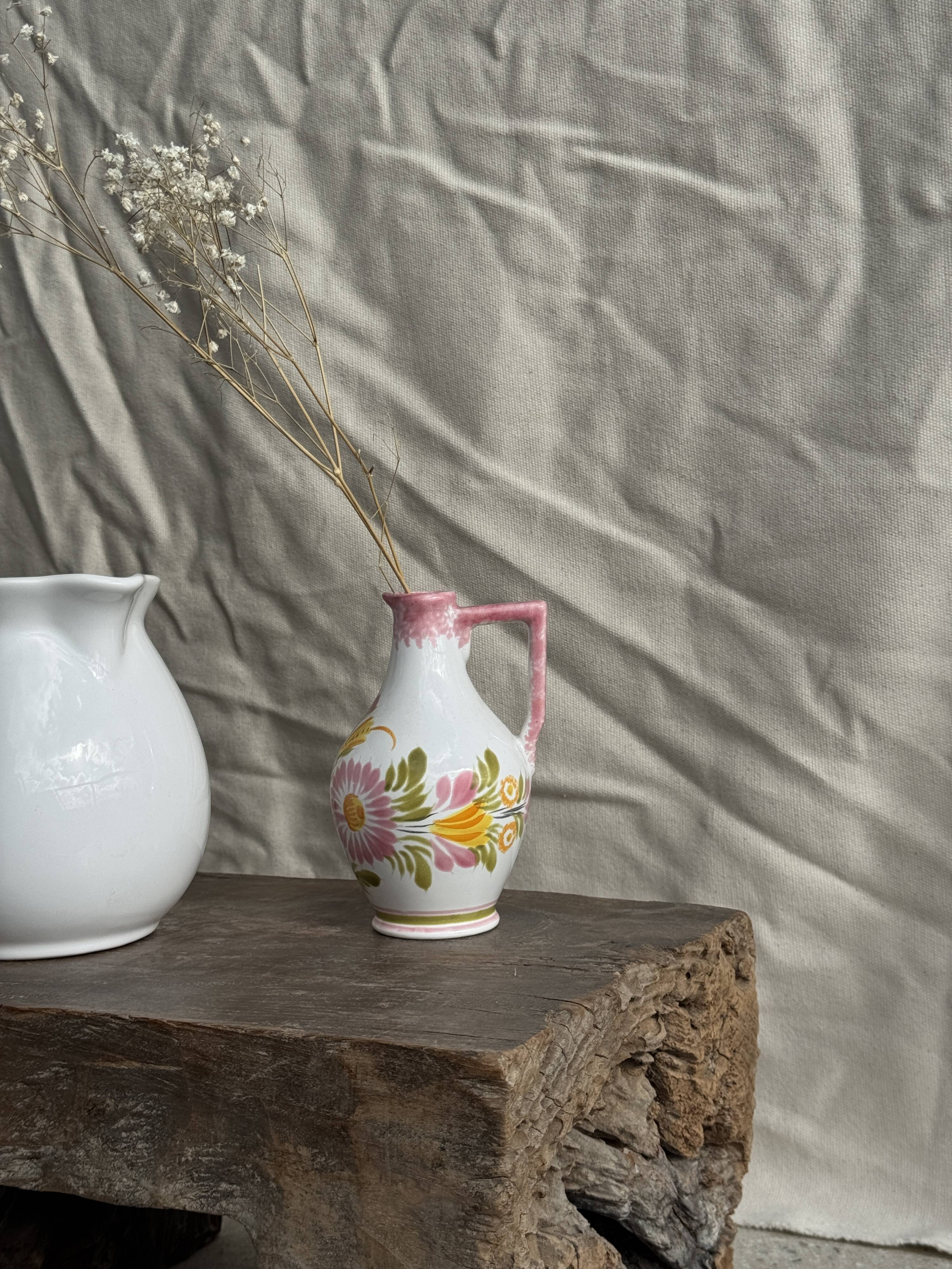 Mini vase with stylised flowers in green and yellow roses, H15.5.