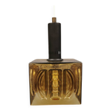 Older square hanging lamp with olive colored outer glass with inner shade of crystal glass