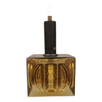 Older square hanging lamp with olive colored outer glass with inner shade of crystal glass