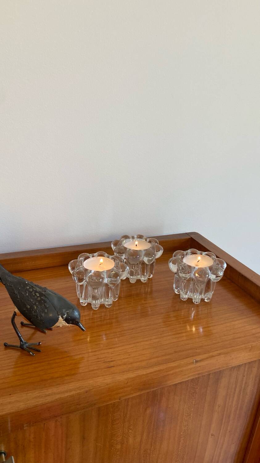 Trio of flower candle holders in molded glass from Reims