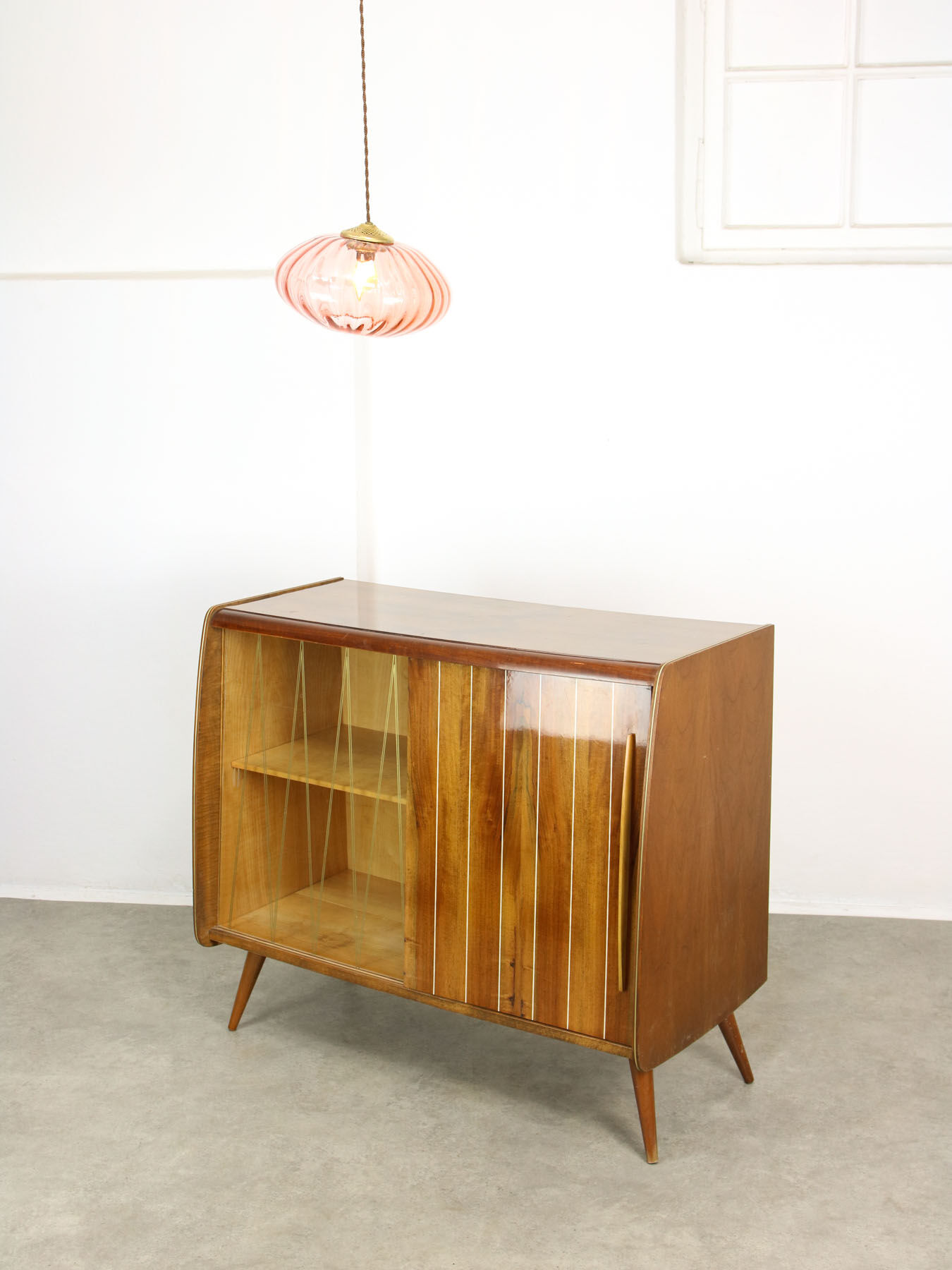 Mid Century Brass and Glass Crooked Pendant Lamp