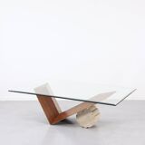 Table italienne Cattelan « Valentino » en noyer et travertin des années 1990.