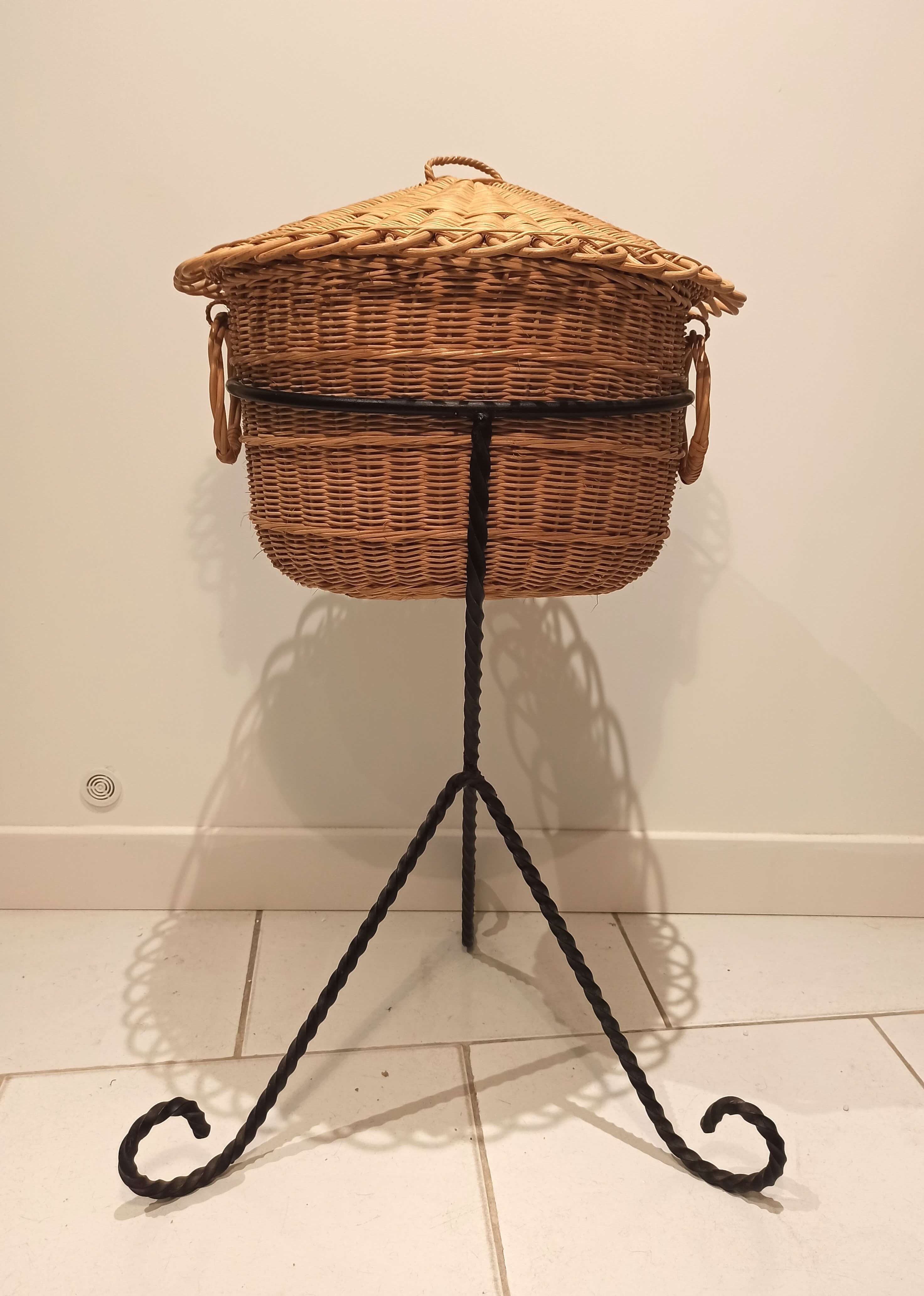 Vintage black metal tripod worker basket and wicker lid