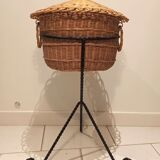 Vintage black metal tripod worker basket and wicker lid