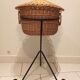 Vintage black metal tripod worker basket and wicker lid