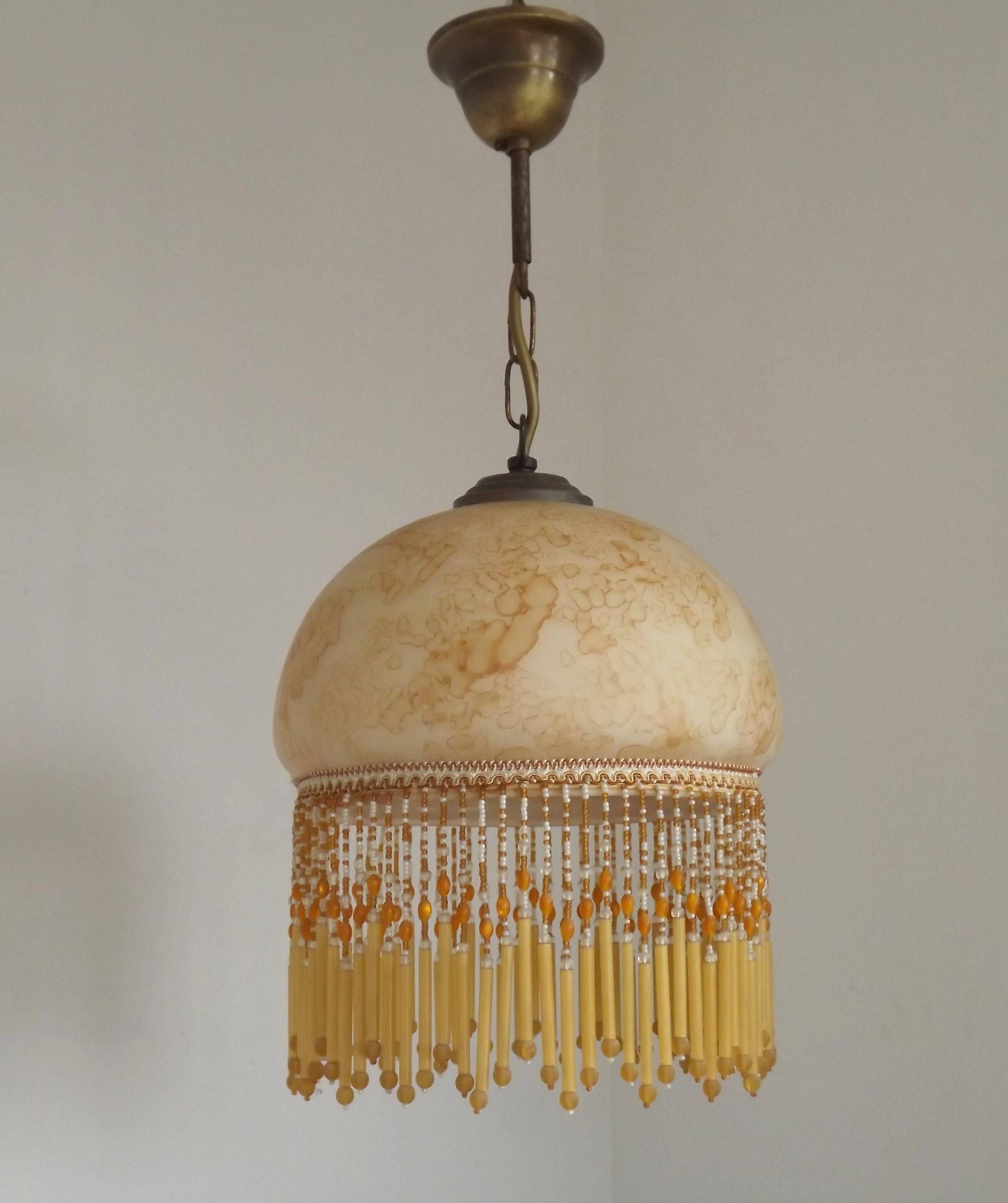Mid Century Amber Mottled Glass Ceiling Light with Beaded Glass Fringe