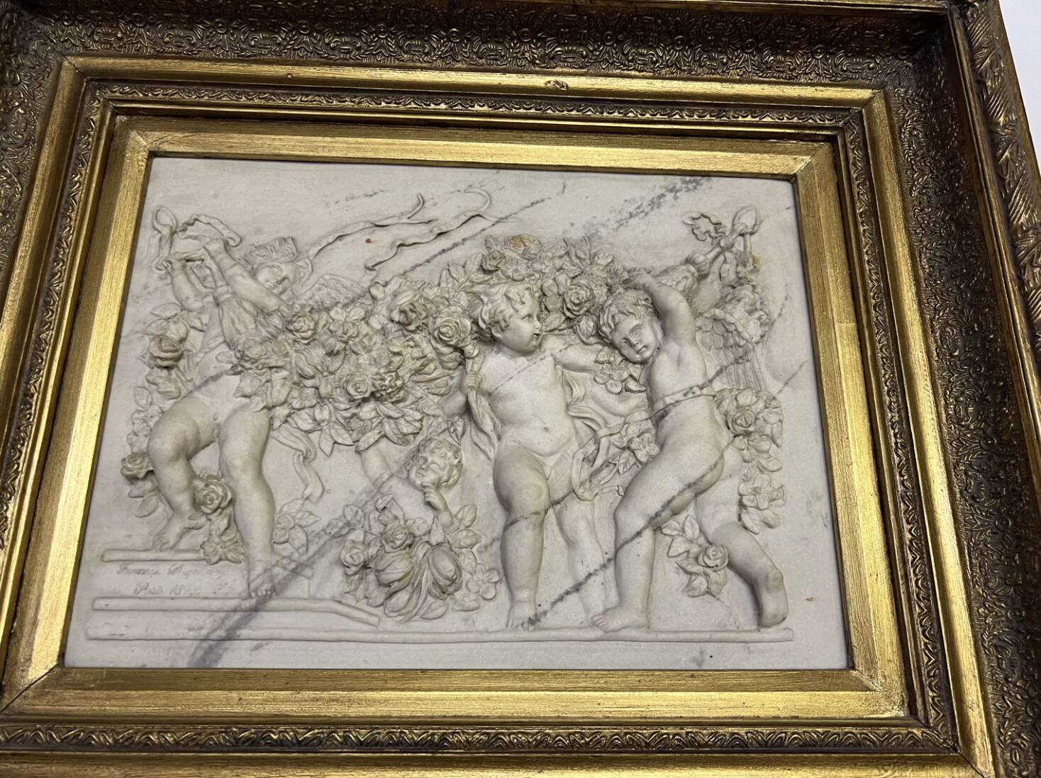 Marble high relief by François Duquesnoy "Putti, garlands and flowers" Paris
