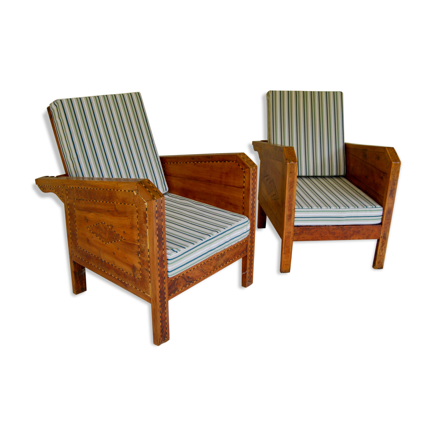 Vintage wooden veranda armchairs with inlaid marquetry 1930s