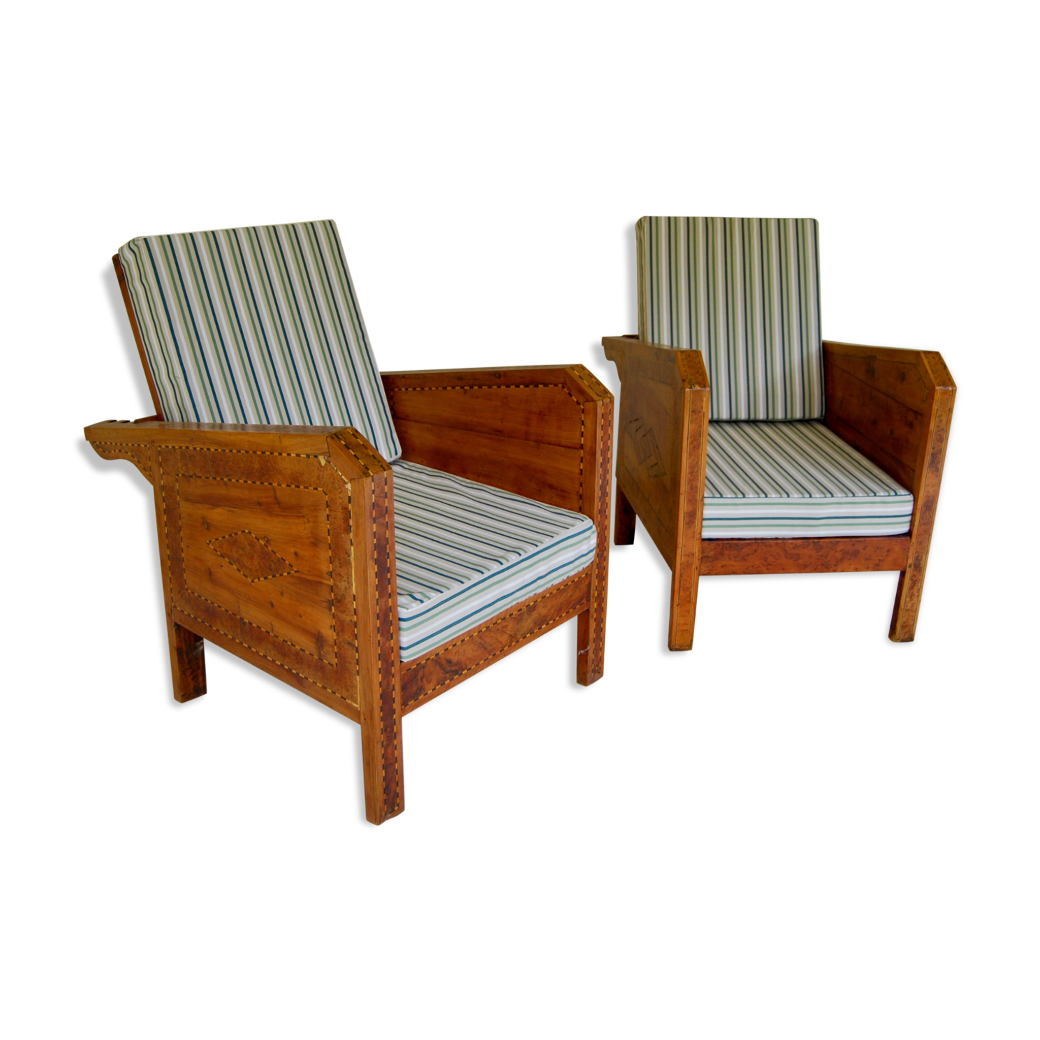 Fauteuils de véranda vintage en bois avec marqueterie incrustée 1930s