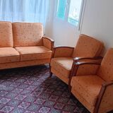 Ensemble de 3 canapés + grand tapis | Bois + tissu rembourré
