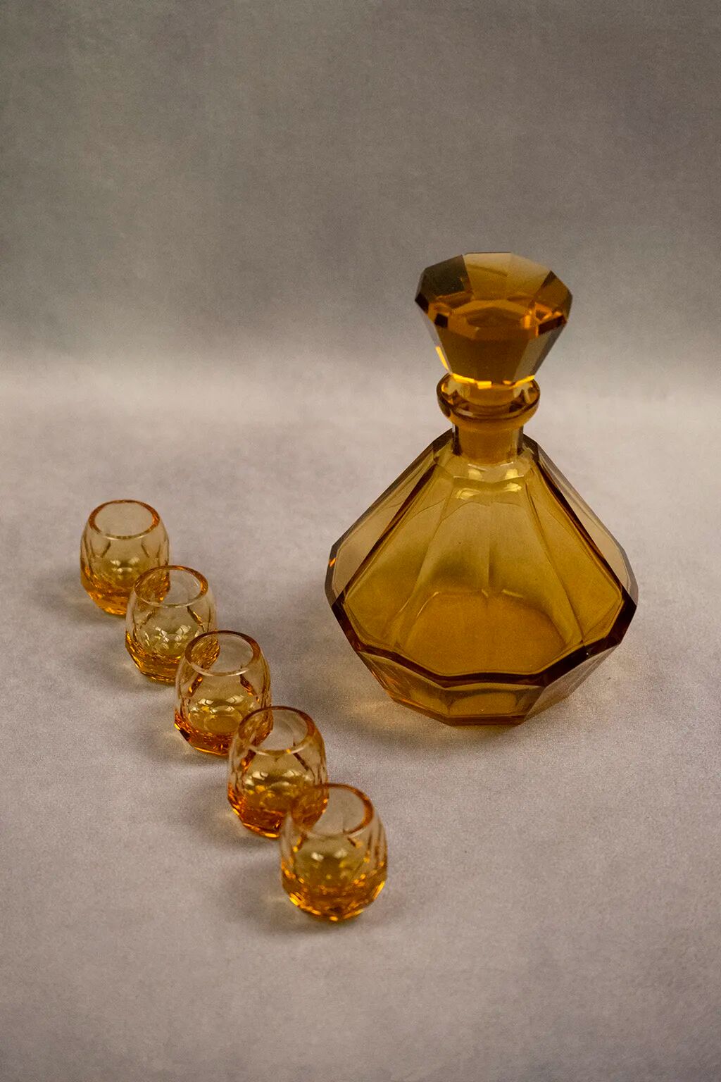 Art Deco Moser liqueur set in frosted orange glass