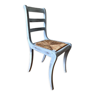Wooden chair and seat in vintage blue straw