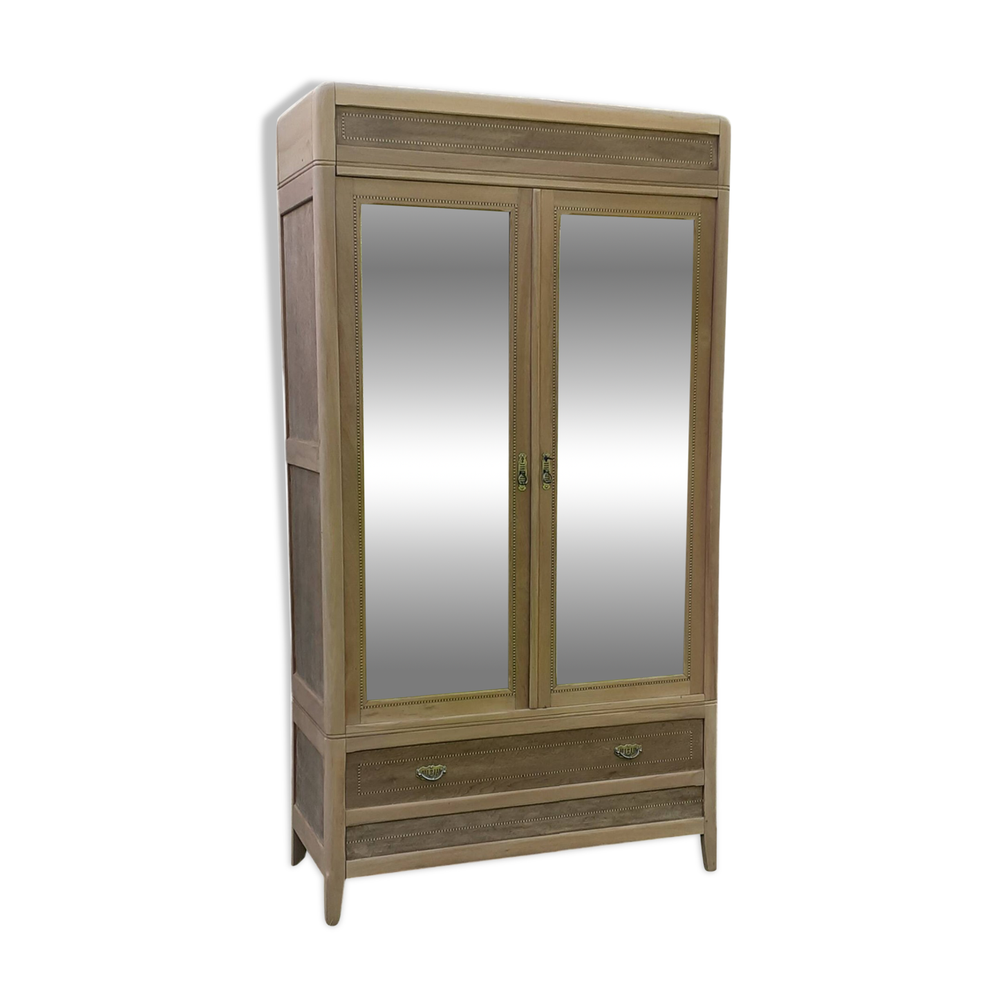 2-door, 1-drawer mirrored cabinet in art deco style, raw oak wood