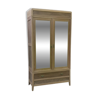 2-door, 1-drawer mirrored cabinet in art deco style, raw oak wood