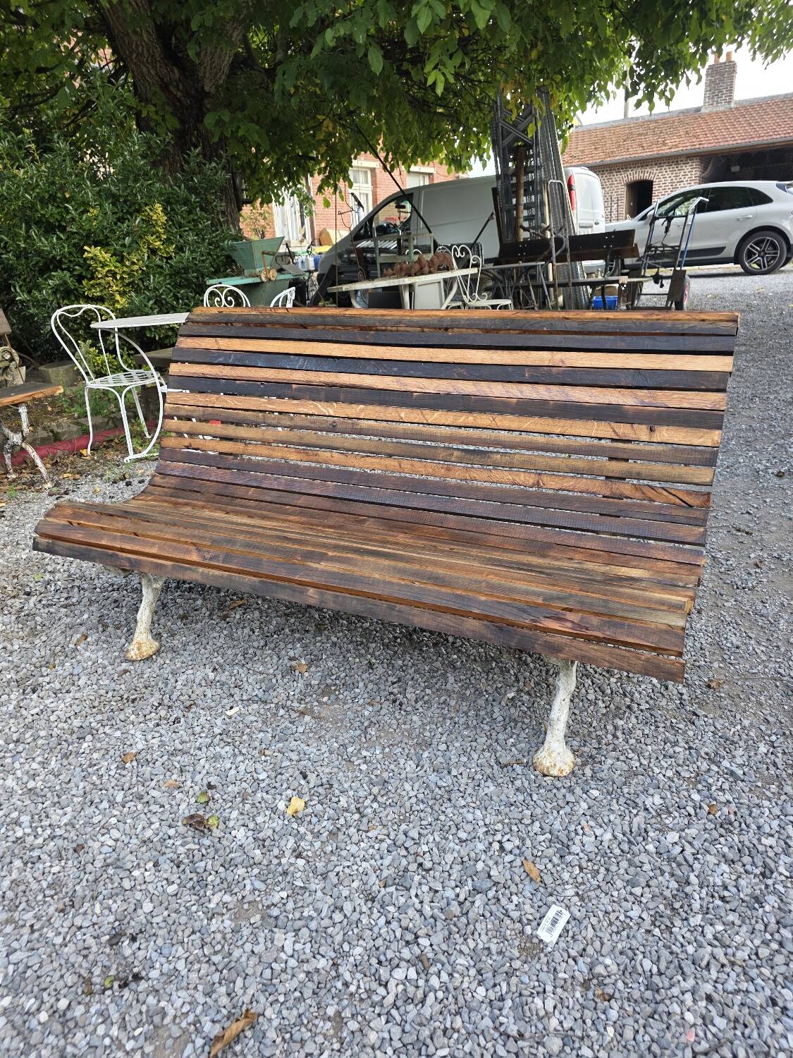 Cast iron and oak slatted garden bench