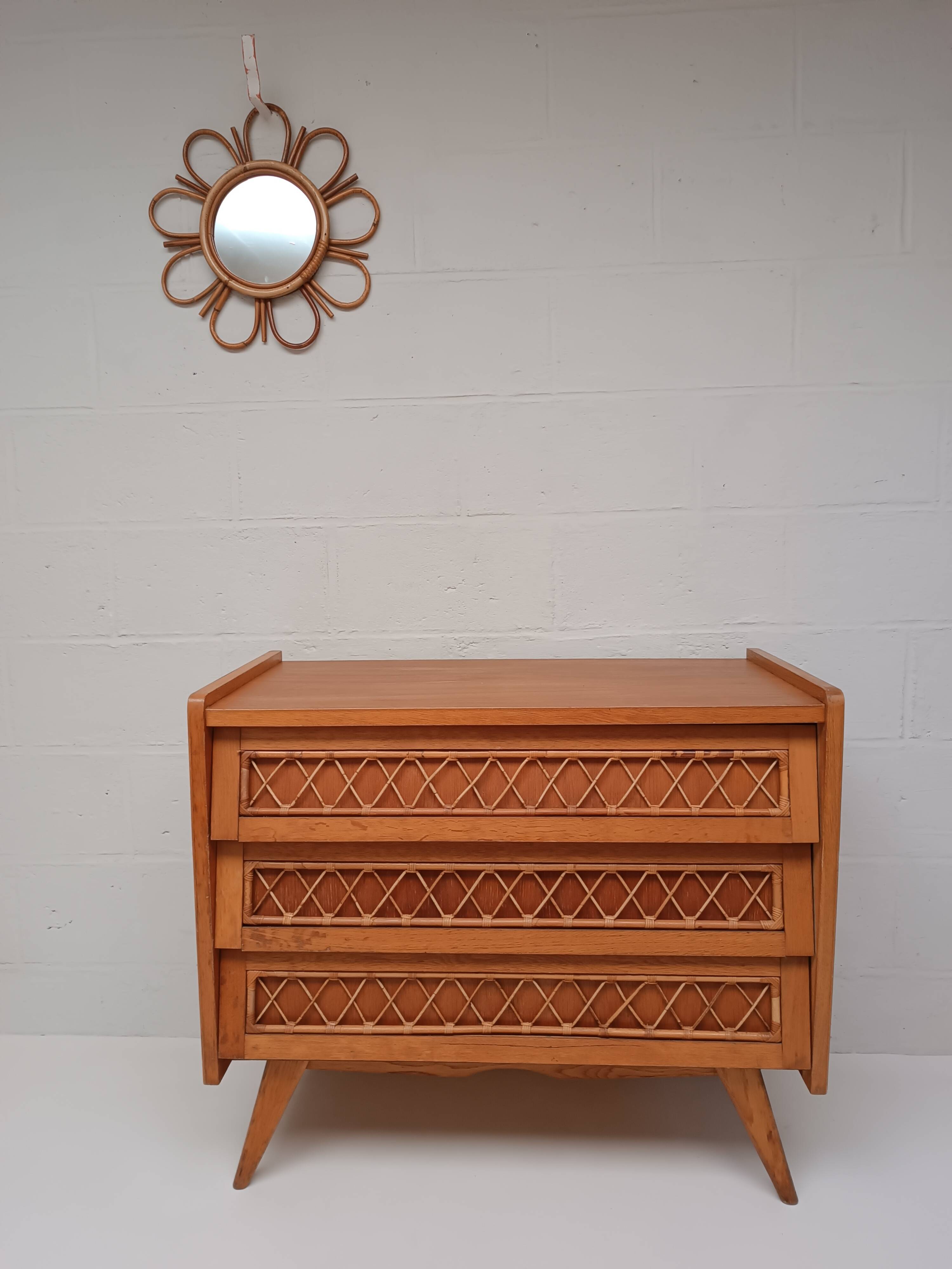Vintage wood and rattan chest of drawers