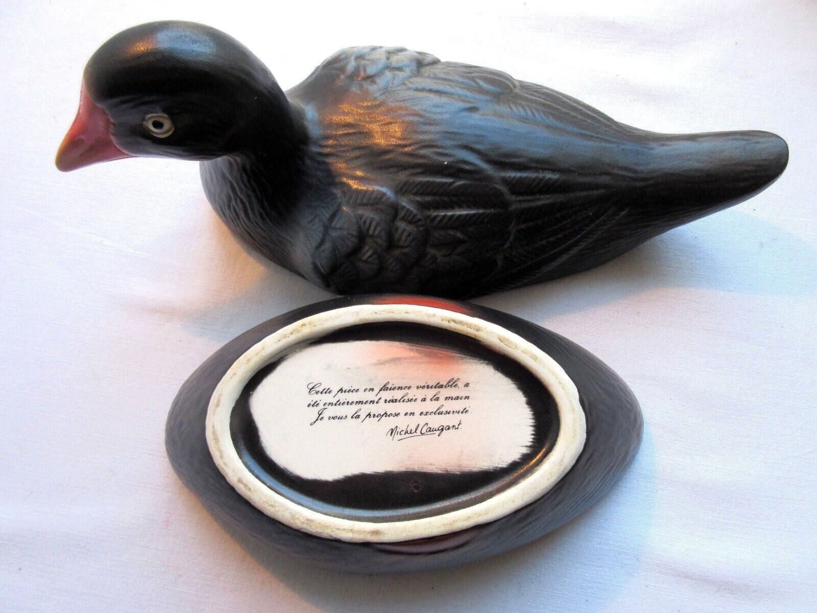 Old vintage terrine: blackened ceramic moorhen, CAUGANT production