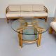 Complete living room with rattan sofa and white bouclette, brass finish, 80's design