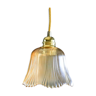 French hanging lamp in opalescent and gold glass, mounted with gold cable and new socket