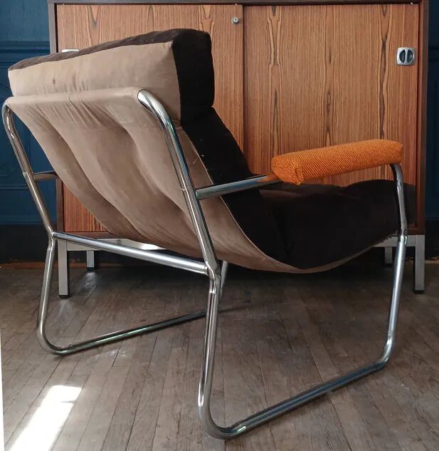 Fauteuil lounge style G.Lundgren pour Ikea, velours & tubes chromés 1970