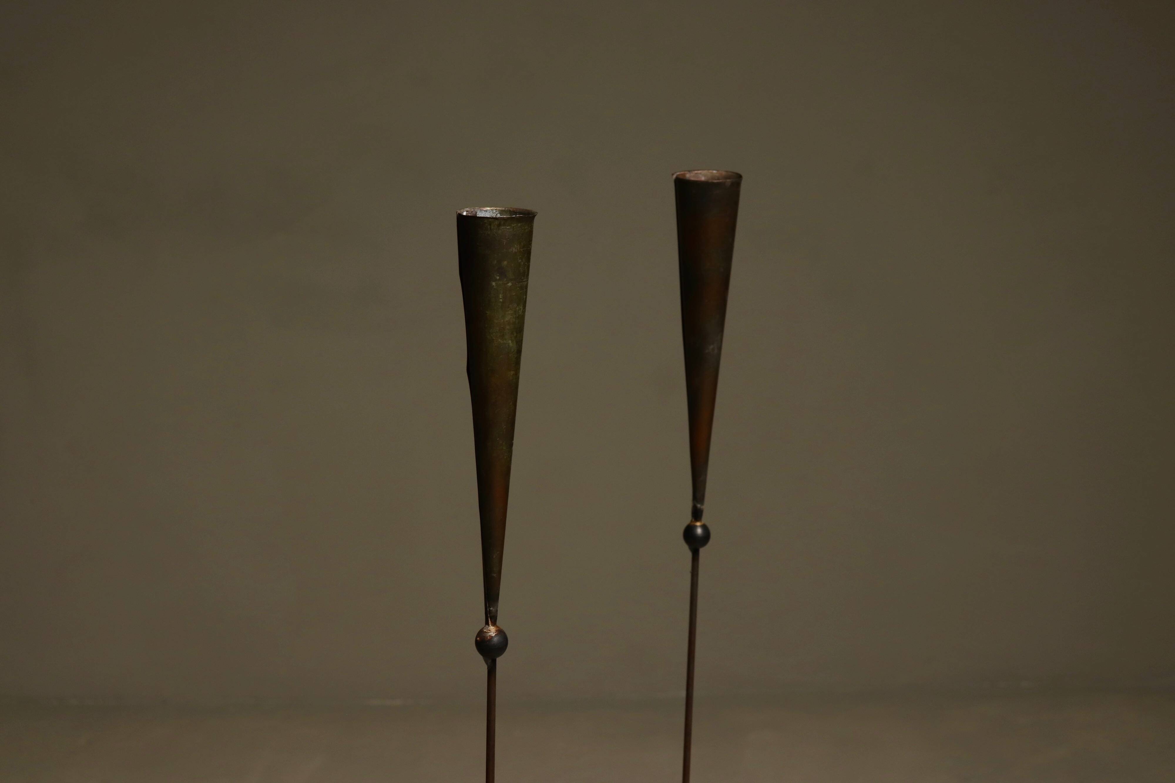 Brutalist Copper and Brass Candle Holders by Pieter Spruyt 1980s